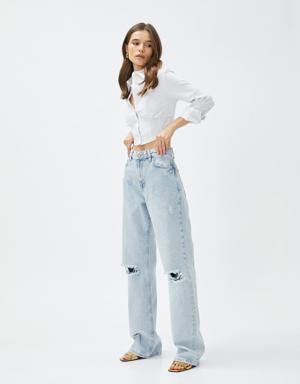 Yüksek Bel Kot Pantolon Yırtık Düz Paça - Nora Jeans