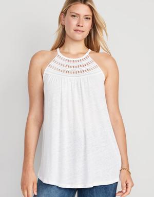 Maternity High-Neck Crochet-Trim Linen-Blend Top white
