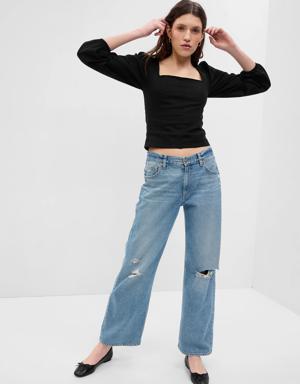 Linen-Blend Puff Sleeve Top black