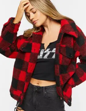Forever 21 Buffalo Plaid Faux Shearling Coat Red/Black