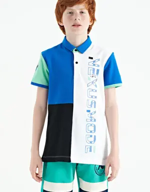Beyaz Renk Bloklu Baskı Detaylı Standart Kalıp Polo Yaka Erkek Çocuk T-Shirt - 11112