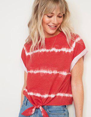 Loose Tie-Hem Cropped Short-Sleeve Sweatshirt for Women red