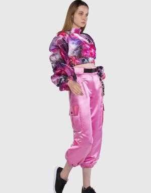 Detailed High Waist Wide Cut Satin Pink Trousers