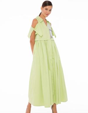 Embroidery Detailed Pleated Green Poplin Dress