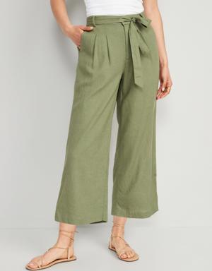 Old Navy High-Waisted Linen-Blend Cropped Wide-Leg Pants for Women green