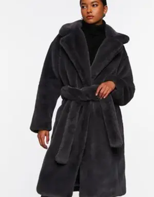 Forever 21 Faux Fur Belted Coat Charcoal