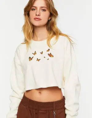 Forever 21 Butterfly Graphic Cropped Pullover White/Multi