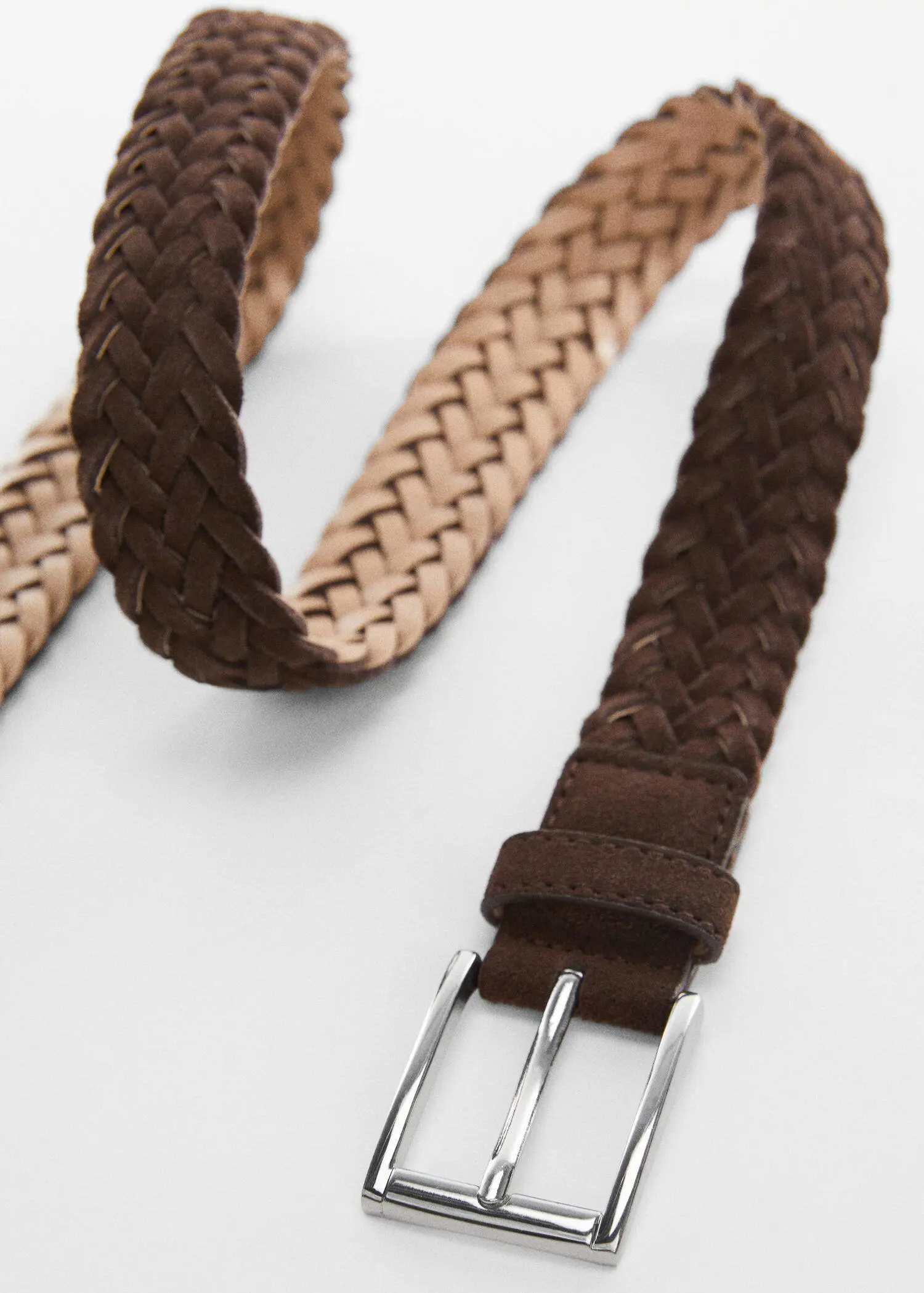 Mango Braided suede belt. a close-up of a brown and tan belt. 