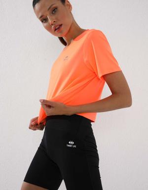 Neon Oranj Basic Kısa Kol Standart Kalıp O Yaka Kadın Crop Top T-Shirt - 97143