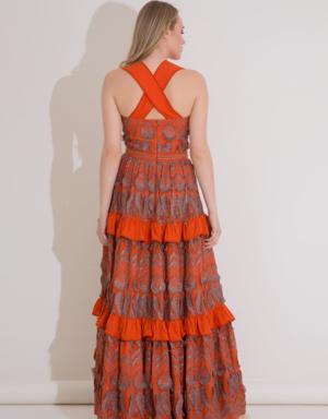 Strap Frilly Orange Long Embroidery Dress