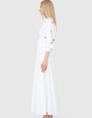 Pleated Asymmetrical Cup Sleeves Embroidered White Dress