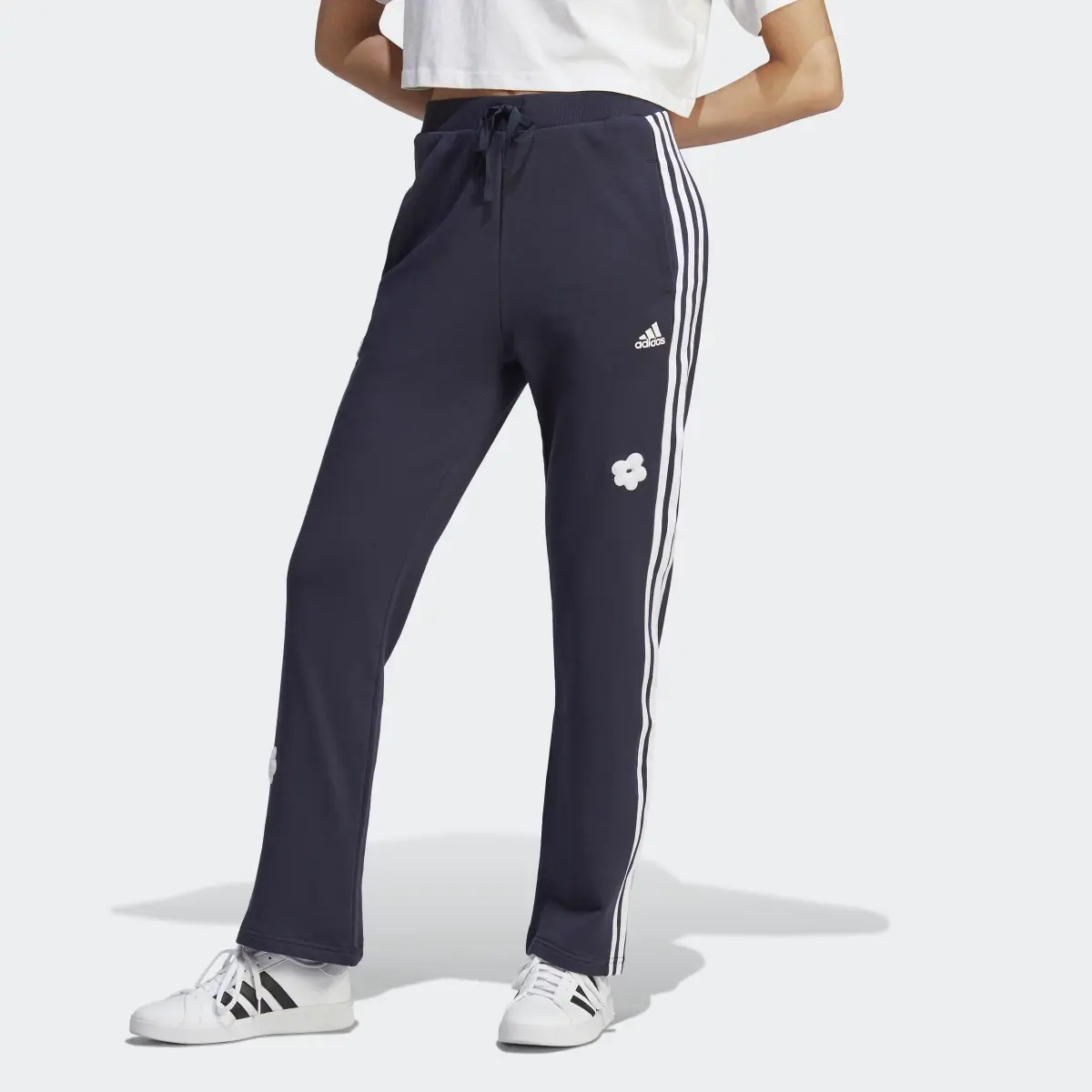 Adidas 3-Stripes High Rise Joggers with Chenille Flower Patches. 1
