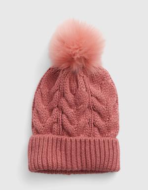 Kids Cable-Knit Pom Beanie pink