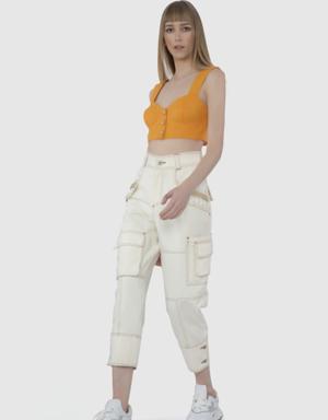 Buttoned Embroidered Detailed Cargo Ecru Trousers