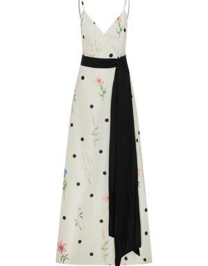 Floral Print Maxi Evening Dress With a Black Bow