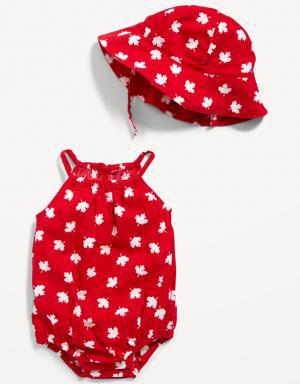 Printed Sleeveless One-Piece Romper & Bucket Hat Set for Baby red