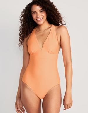 Matching V-Neck One-Piece Swimsuit for Women orange