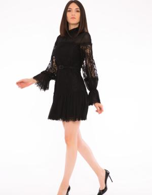 Ruffle Detailed Standing Neck Mini Length Lace Black Dress