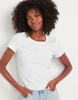 Short-Sleeve Cropped Lettuce-Edge Waffle-Knit T-Shirt for Women white