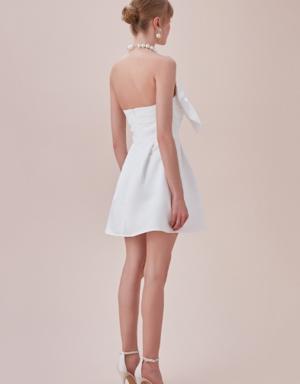 Beyaz Straplez Fiyonk Detaylı Saten Mini Nikah Elbisesi