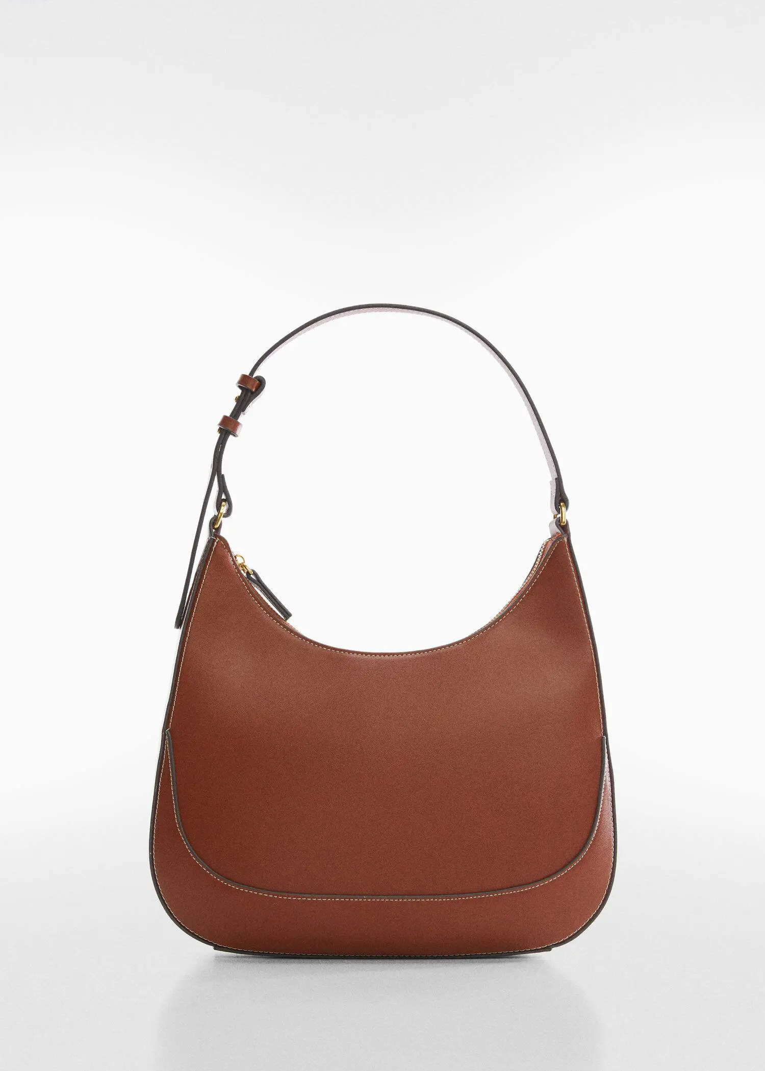Mango Short-handle shoulder bag. a brown bag with a white strap on a white background. 