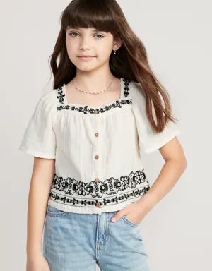 Matching Flutter-Sleeve Button-Front Embroidered-Trim Top for Girls white
