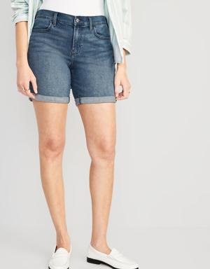 Mid-Rise Roll-Cuffed Jean Shorts for Women -- 7-inch inseam blue