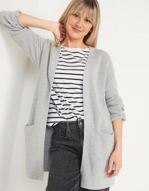 Shaker-Stitch Long-Line Open-Front Sweater for Women gray