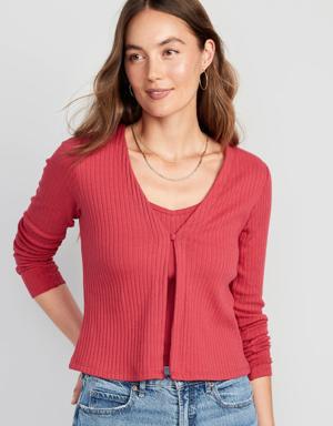 Rib-Knit Matching Single-Button Cardigan Sweater for Women red