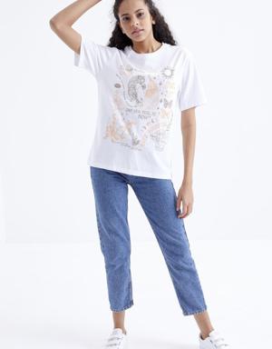 Beyaz Baskılı O Yaka Oversize Kadın T-Shirt - 97210