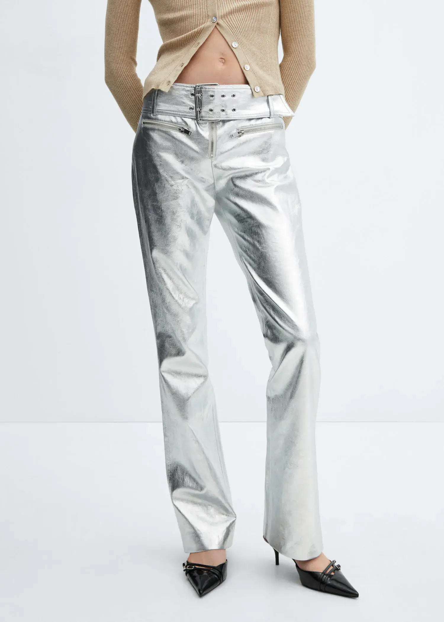 Mango Metallic trousers with belt . 2