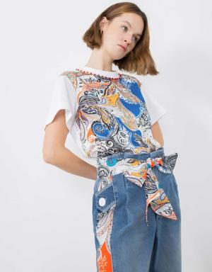 Embroidered Collar Detailed Patterned Tshirt