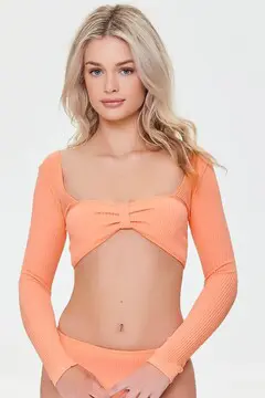 Forever 21 Forever 21 Seamless Knotted Long Sleeve Bikini Top Salmon. 2