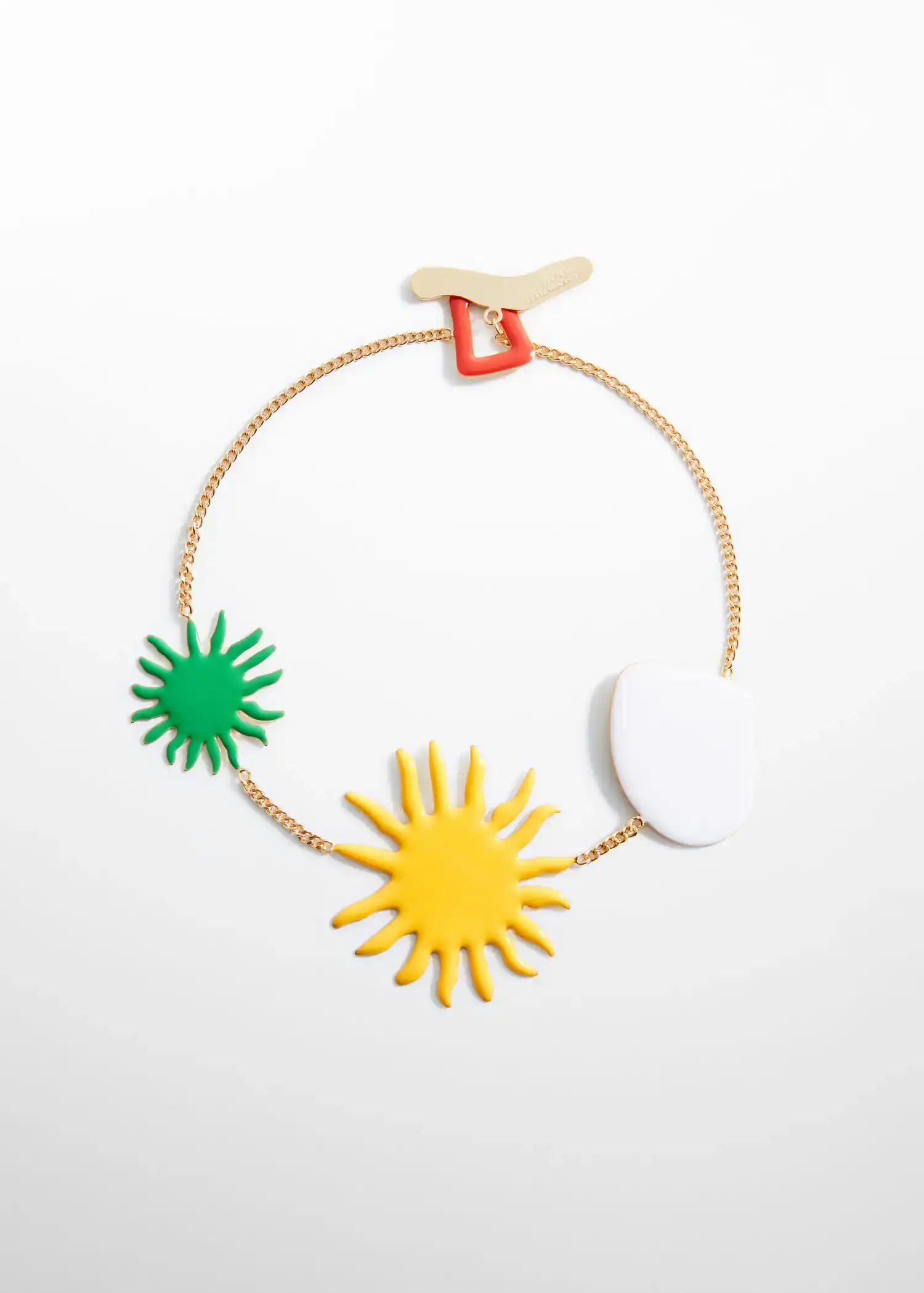 Mango Combined maxi-pendant necklace. a yellow sun and a green sun and a white disc. 