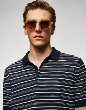 Striped fine-knit polo shirt