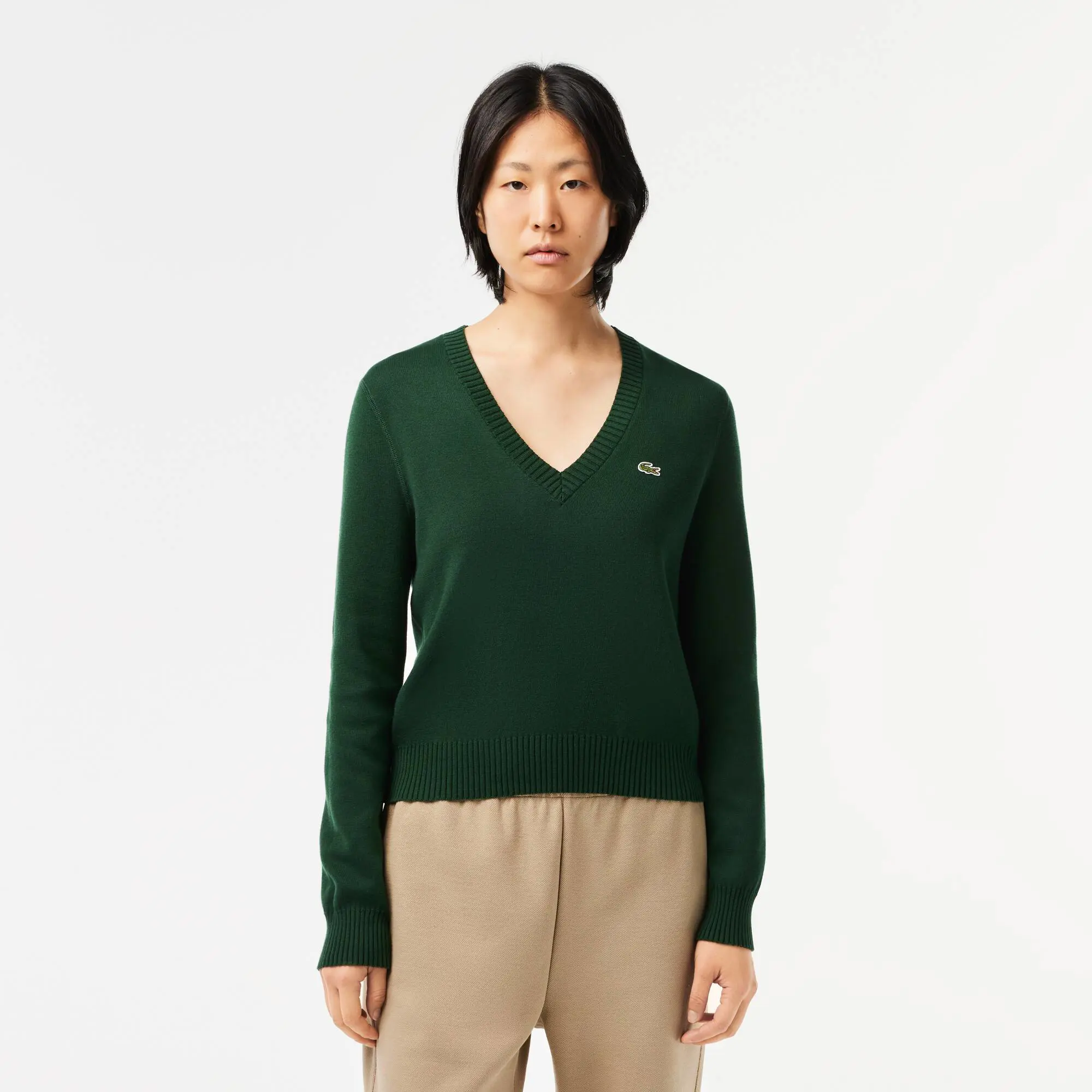Lacoste V Neck Sweater in Double Sided Cotton. 1