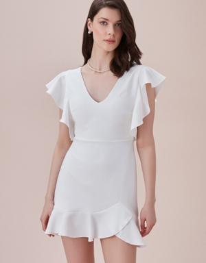 Beyaz Kolu Fırfırlı V Yaka Jarse Mini Nikah Elbisesi