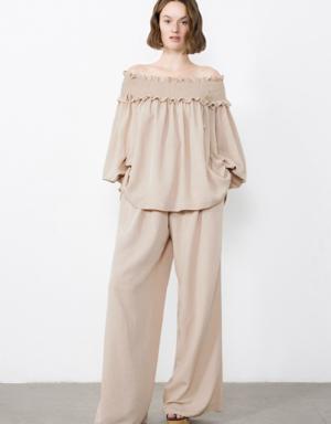 Beige Trousers with Embroidery and Button Detail