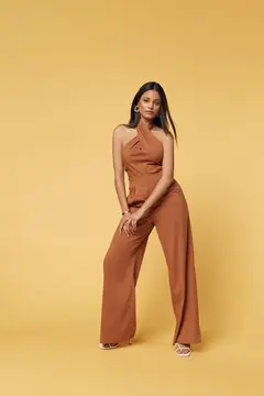 Forever 21 Forever 21 Poplin Halter Wide Leg Jumpsuit Brown. 2