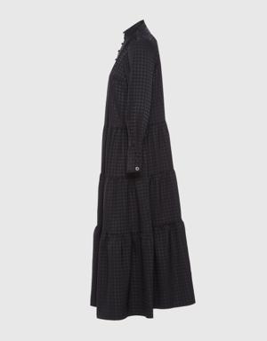 Houndstooth Patterned Black Midi Dress