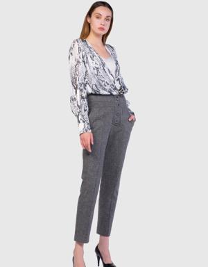 Buttons Stone Embroidered Wool Fabric Gray Trousers