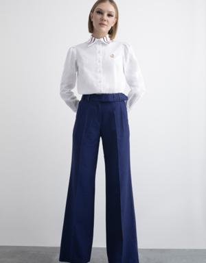 Wide Leg Blue Trousers With Belt Detail