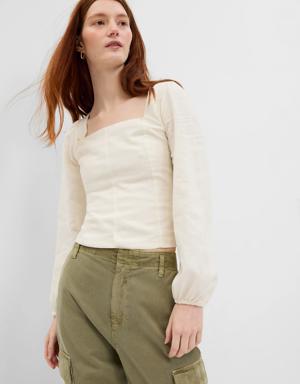 Gap Linen-Blend Puff Sleeve Top white