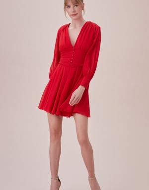 Kırmızı Uzun Kollu Derin V Yaka Şifon Mini Elbise