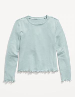 Long-Sleeve Rib-Knit Lettuce-Edge T-Shirt for Girls blue