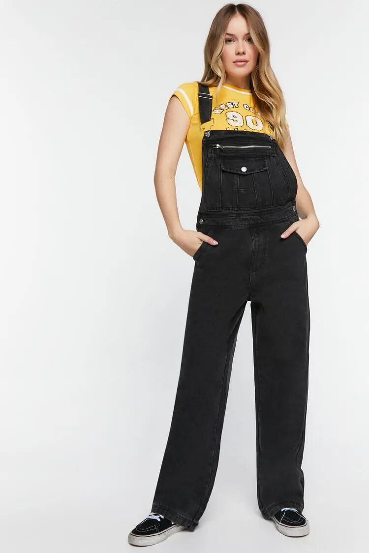 Forever 21 Forever 21 Denim Zip Pocket Straight Leg Overalls Black. 1