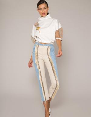 Linen Garnish Tassel Stripe Detailed Blue Jean Trousers