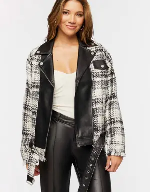 Forever 21 Tweed &amp; Faux Leather Moto Jacket Black/Cream