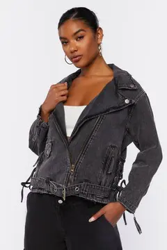 Forever 21 Forever 21 Denim Lace Up Moto Jacket Black. 2