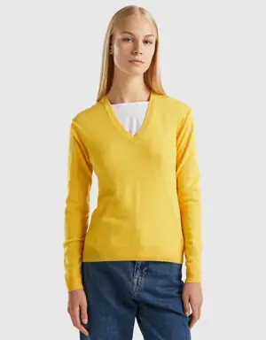 yellow v-neck sweater in pure merino wool